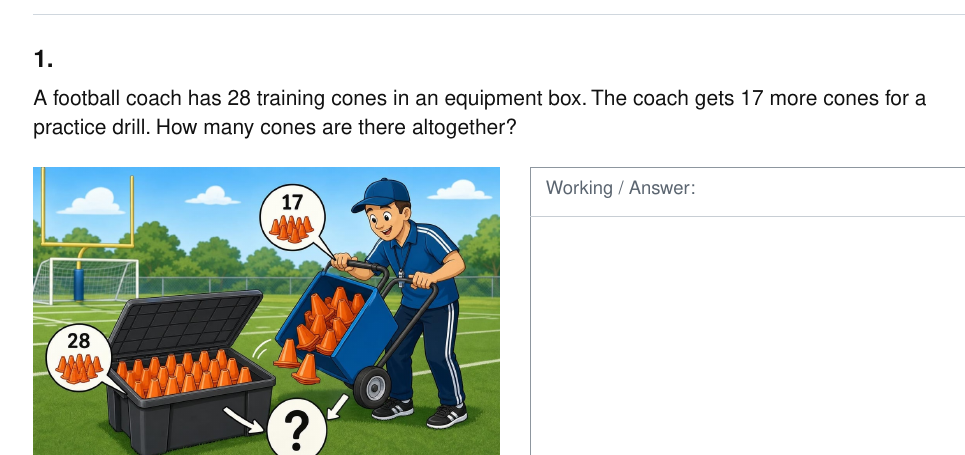 Personalised addition question about a football coach with 28 training cones receiving 17 more, with an AI-generated football training image.