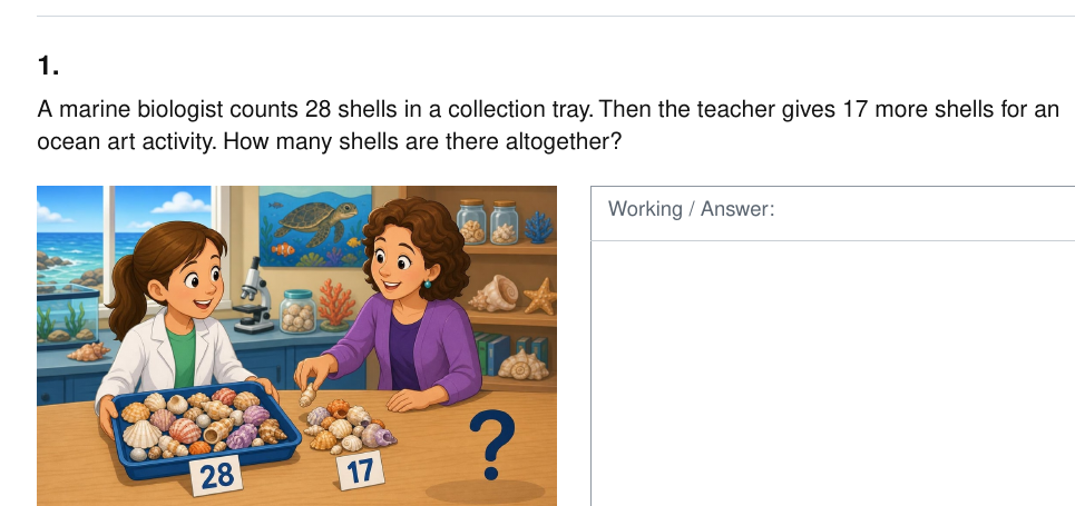 Personalised addition question about a marine biologist with 28 shells receiving 17 more, with an AI-generated ocean science image.