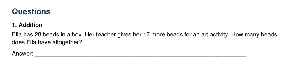 Original addition question about Ella receiving 17 more beads after starting with 28.